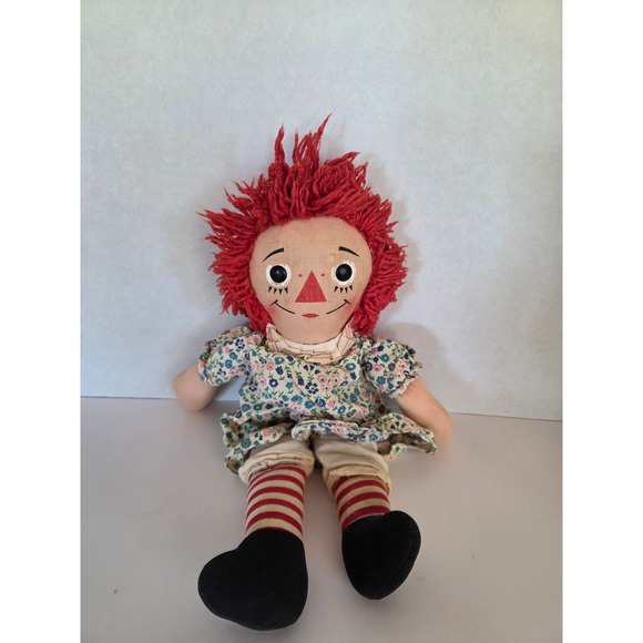 Vintage Raggedy Ann Doll Red Yarn Hair Floral Dress Striped Stockings - Picture 1 of 4